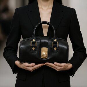 Francesco Rogani Black Leather Structured Handbag Gold Hardware Top Handle